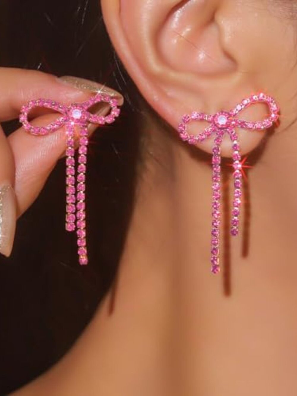 Silver  Sparkly Dangle Ears - Hot Pink Purple Blue Black Red - Dainty‎ Bow